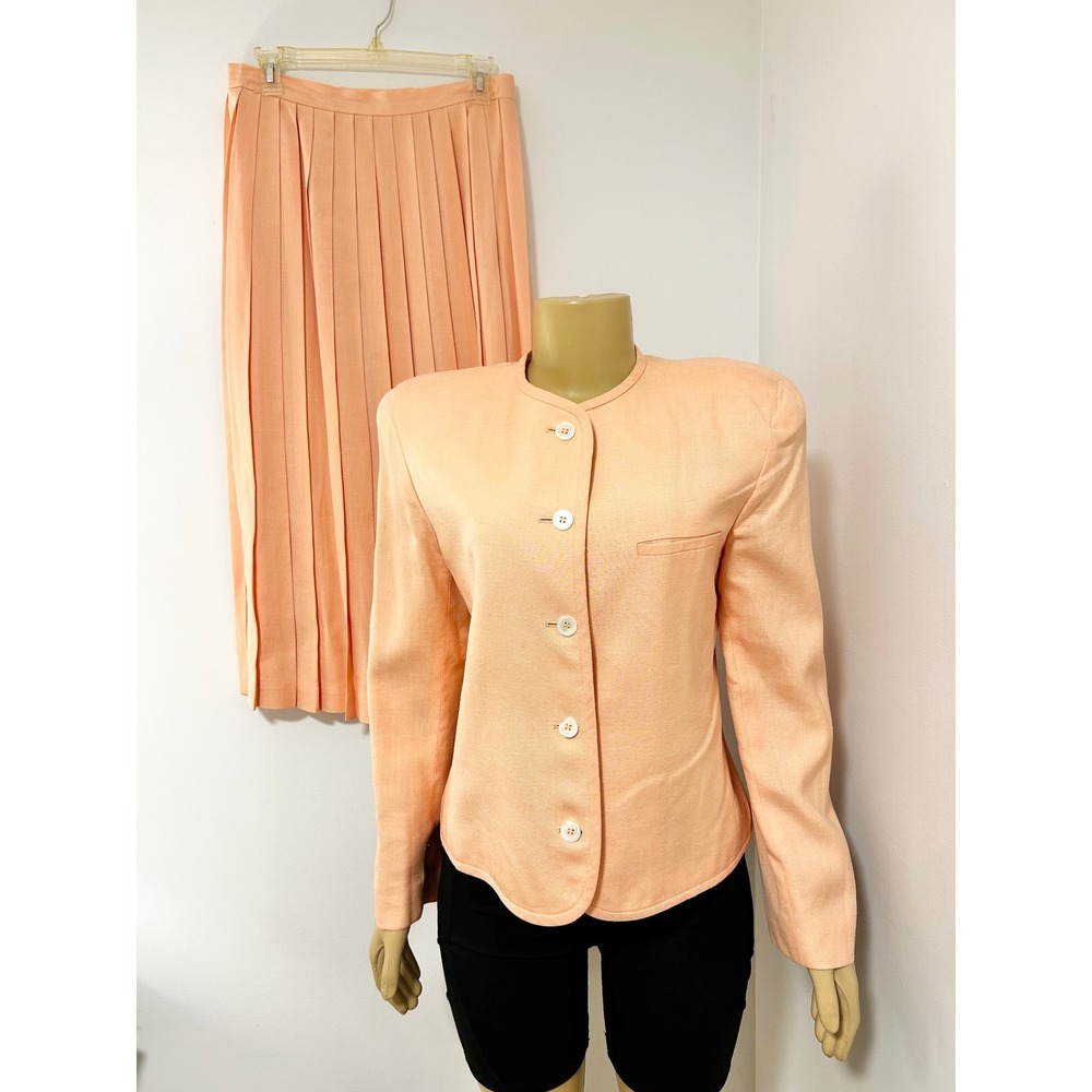 Evan-Picone Vintage Peach Linen Blend Pleated Skirt Suit Set 12 USA ILGWU